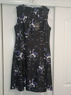 DKNY Black Midi Dress with Blue and White Floral Print